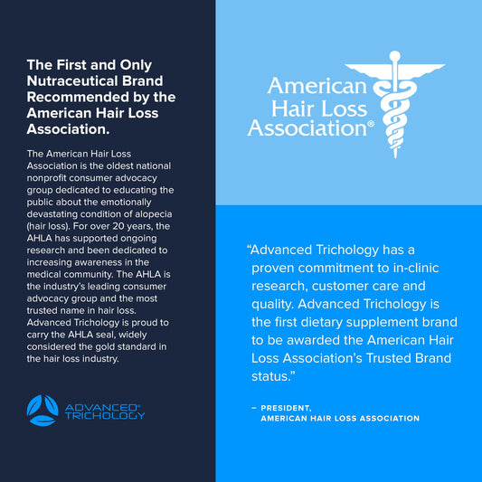 Advanced Trichology DHT Blocker label close-up highlighting AHLA-approved credibility