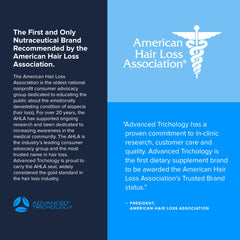 Advanced Trichology DHT Blocker label close-up highlighting AHLA-approved credibility