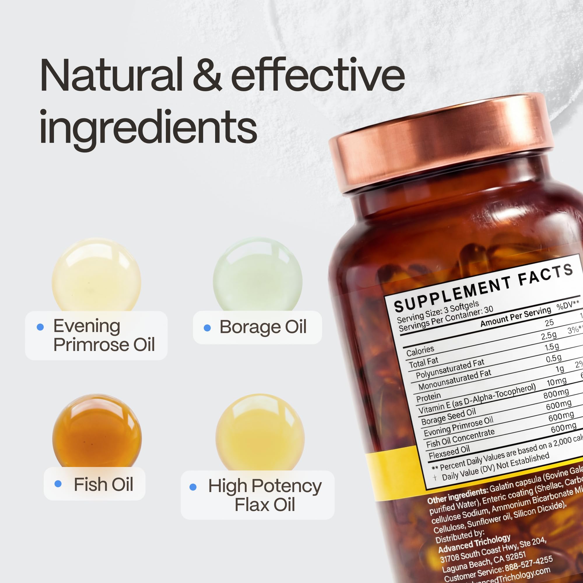Advanced Trichology EFA Complete bottle on white background indicative packaging.