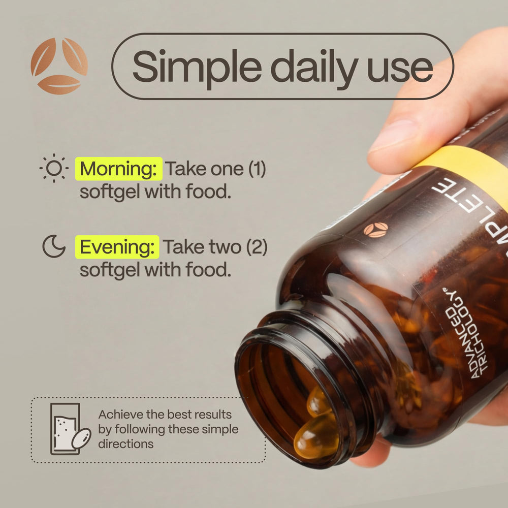 Advanced Trichology EFA Complete capsules pour demonstrates easy daily use.