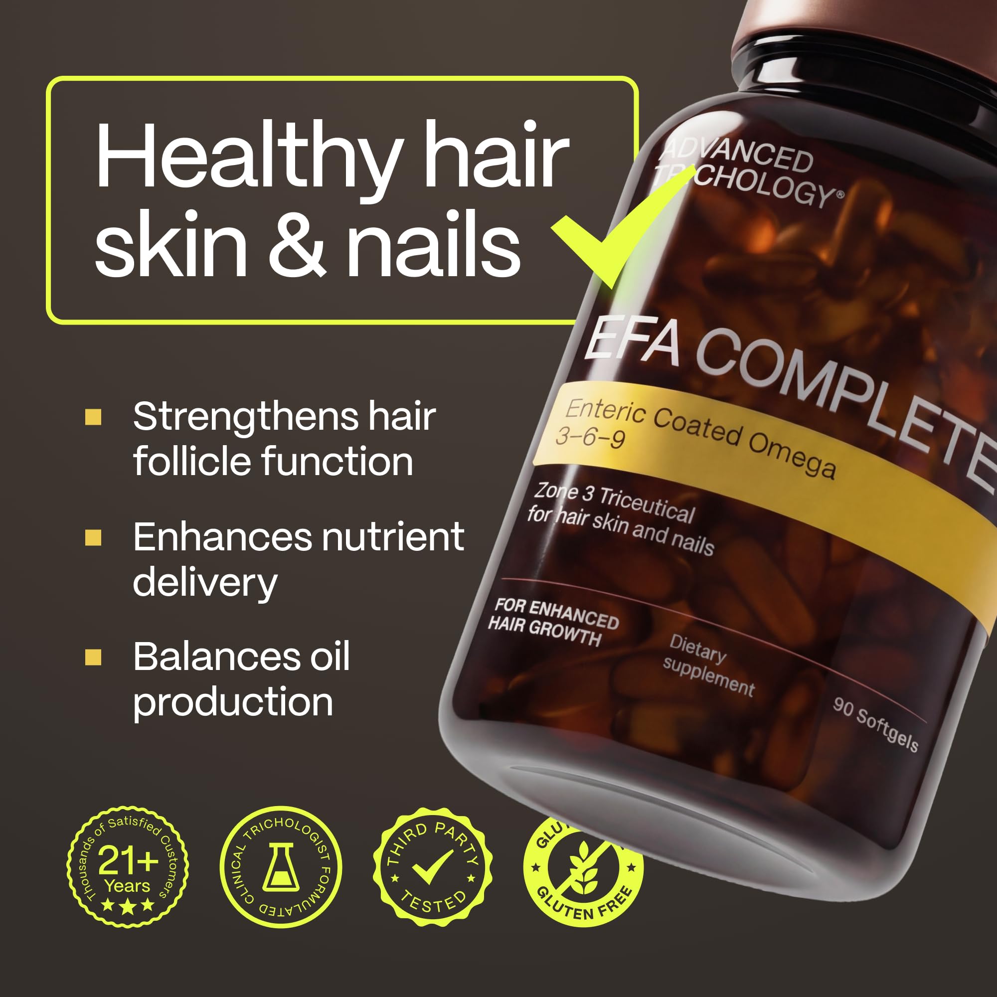 Advanced Trichology EFA Complete label close third-party tested quality.