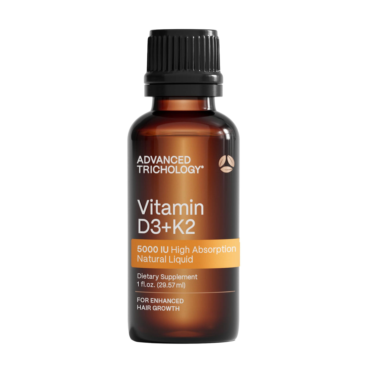 Advanced Trichology vitamin D3 + K2 bottle showing high-absorption liquid for daily use.