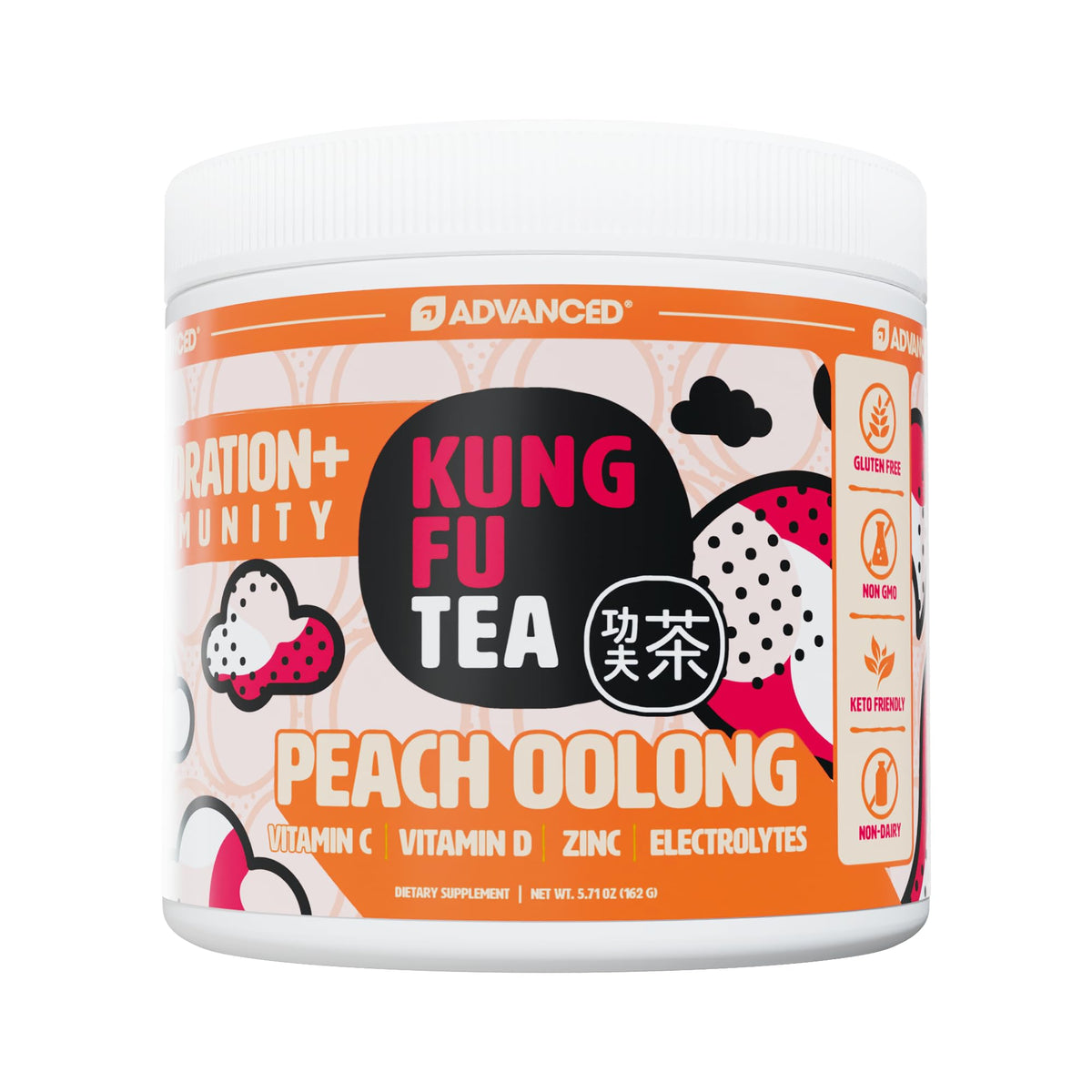 Advanced Peach Oolong hydration powder bottle pour highlights zero sugar and electrolytes.