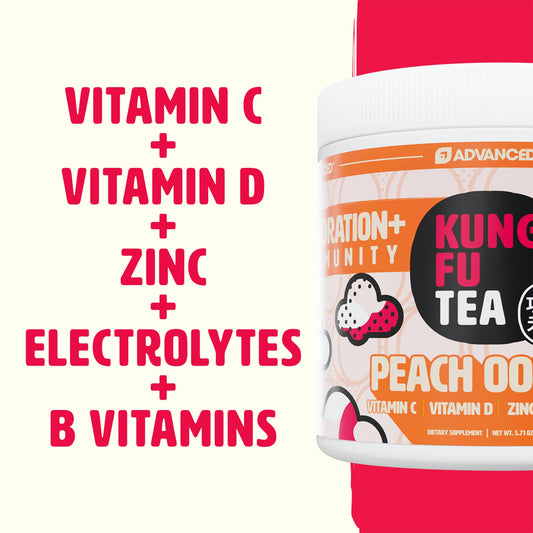 Advanced hydration powder peach oolong glass stir showcases refreshing, keto-friendly flavor with essential vitamins.
