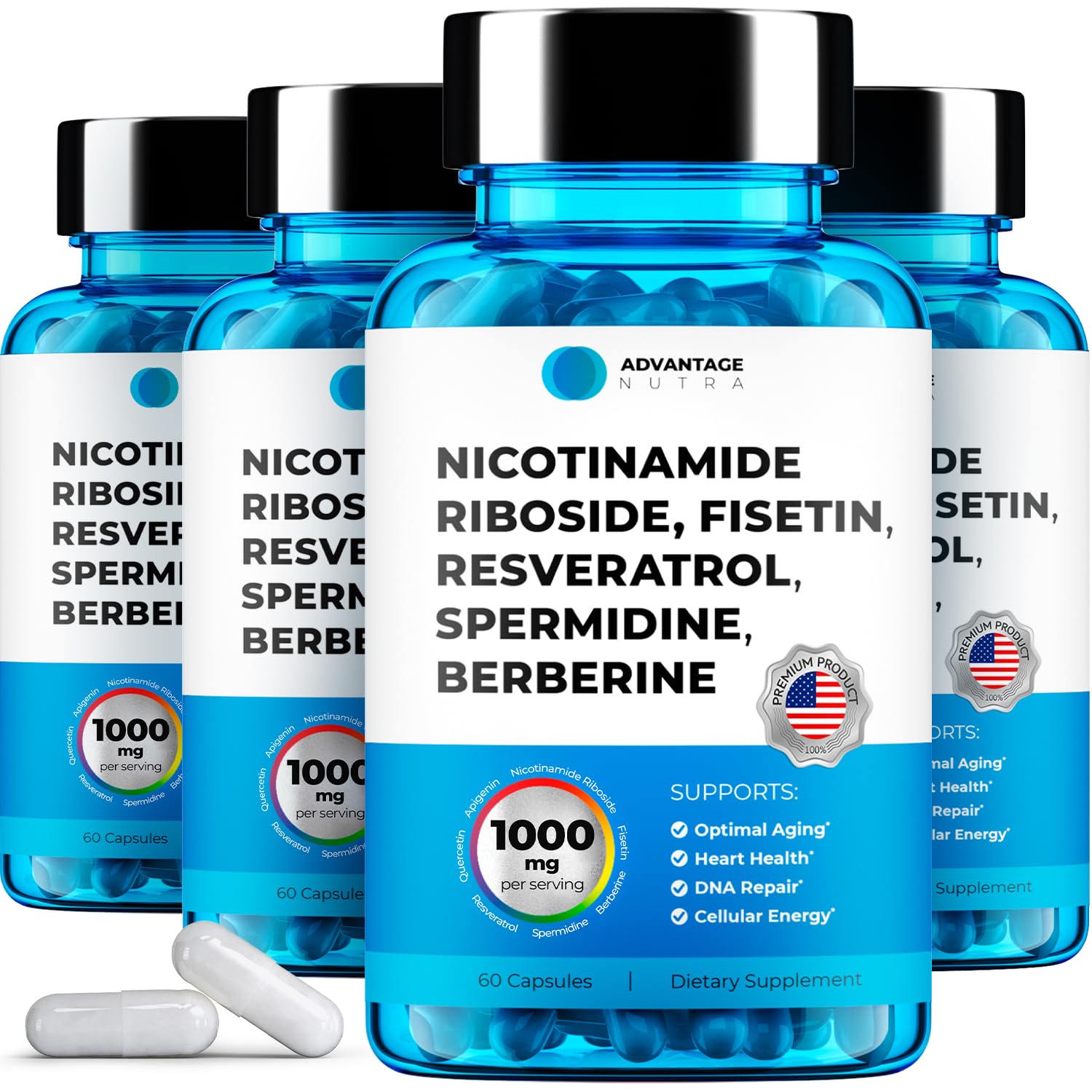 AdvantageNutra liposomal NR bottle aids daytime NAD+ support and energy.
