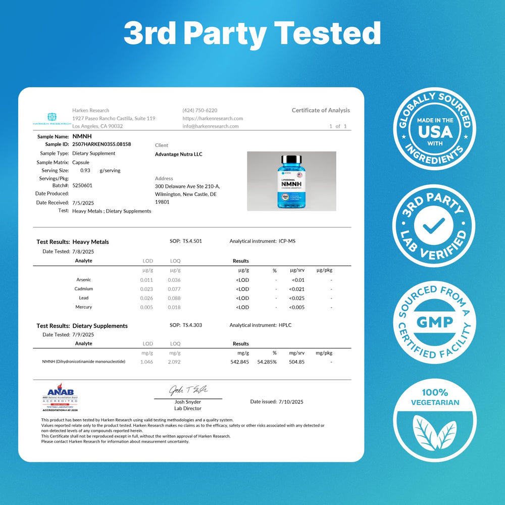 AdvantageNutra NMNH made in USA badge signals clean manufacturing standards.