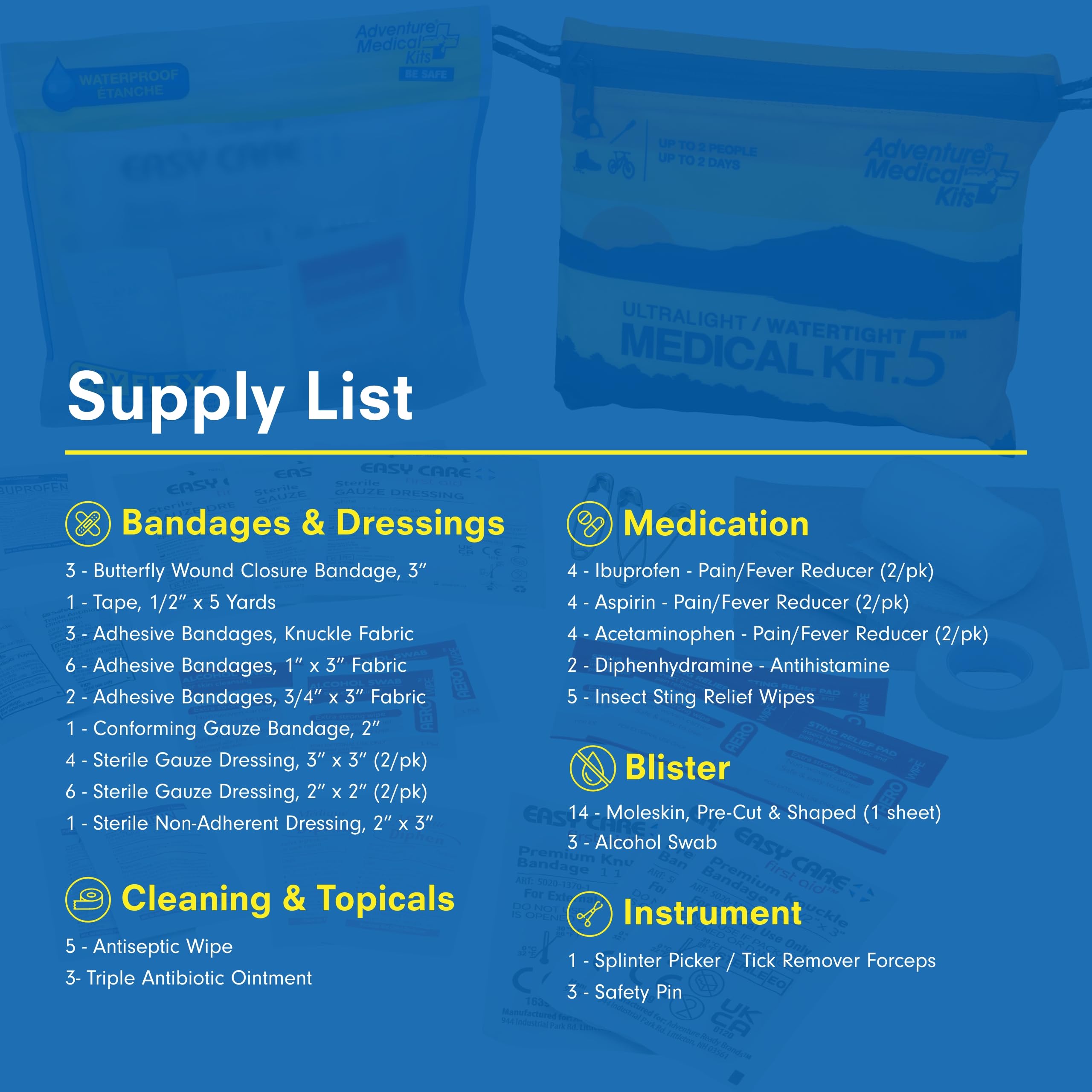 Antiseptic wipes and antibiotic ointment for quick minor-cleanup after scrapes.