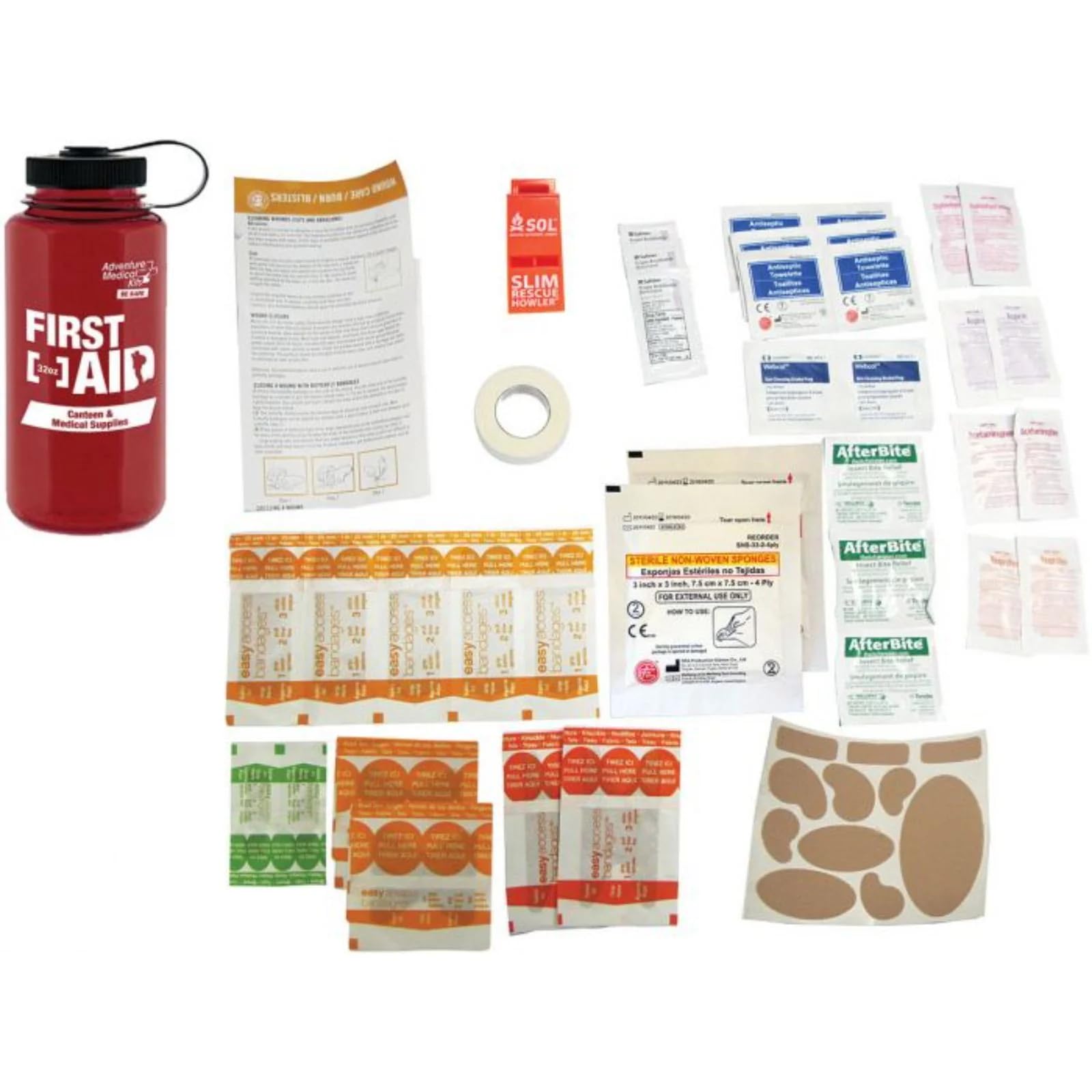Adventure Medical Kits first aid kit contents organized for quick access and wound care.