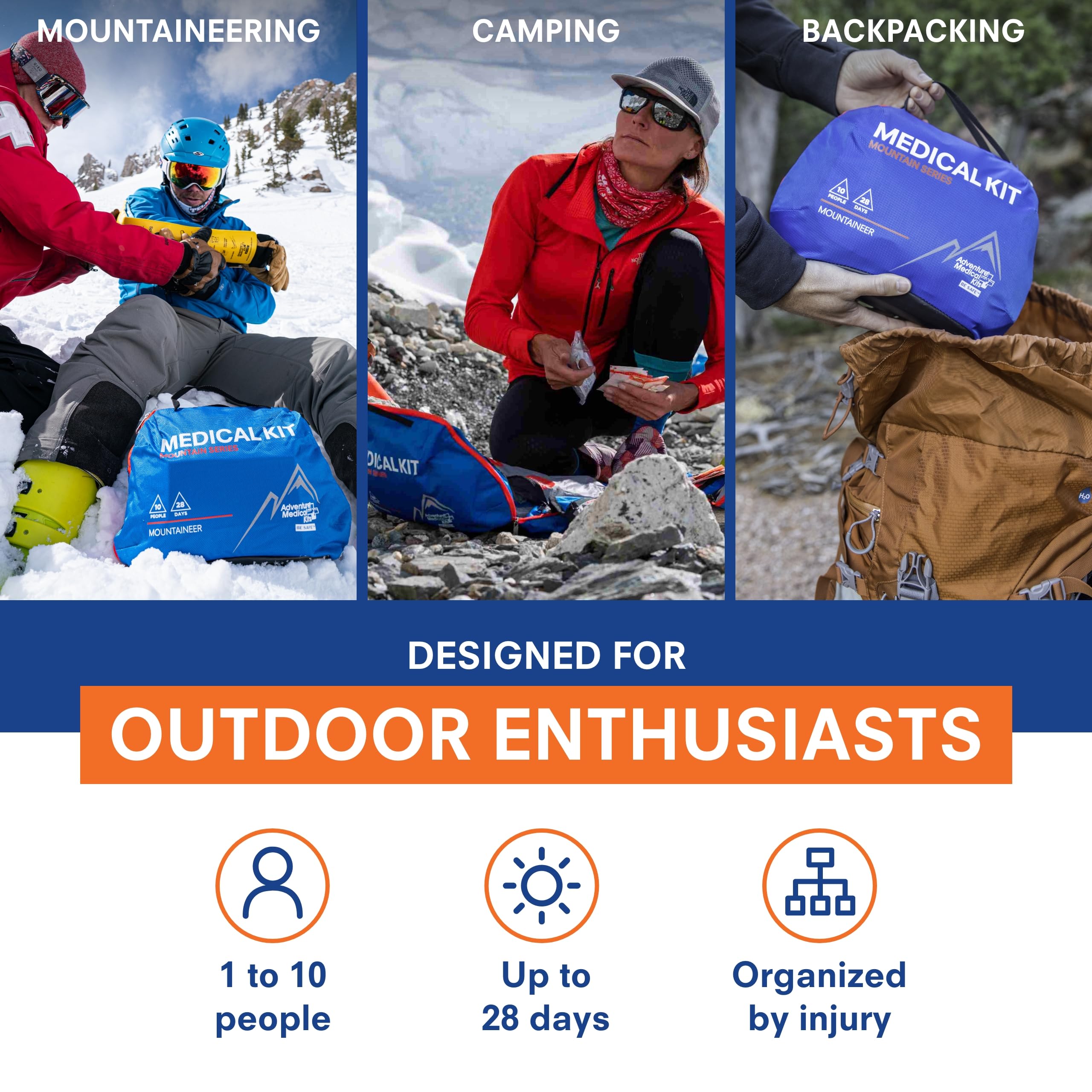 Adventure Medical Kits Mountain Series Mountaineer bag shows rugged, water-resistant exterior