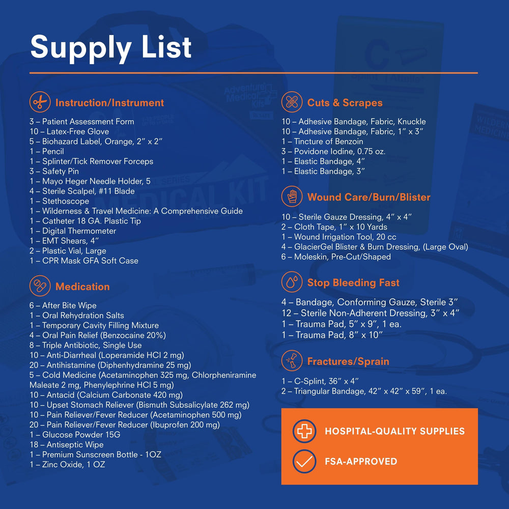 Adventure Medical Kits Pro Series stethoscope included for basic field assessment.