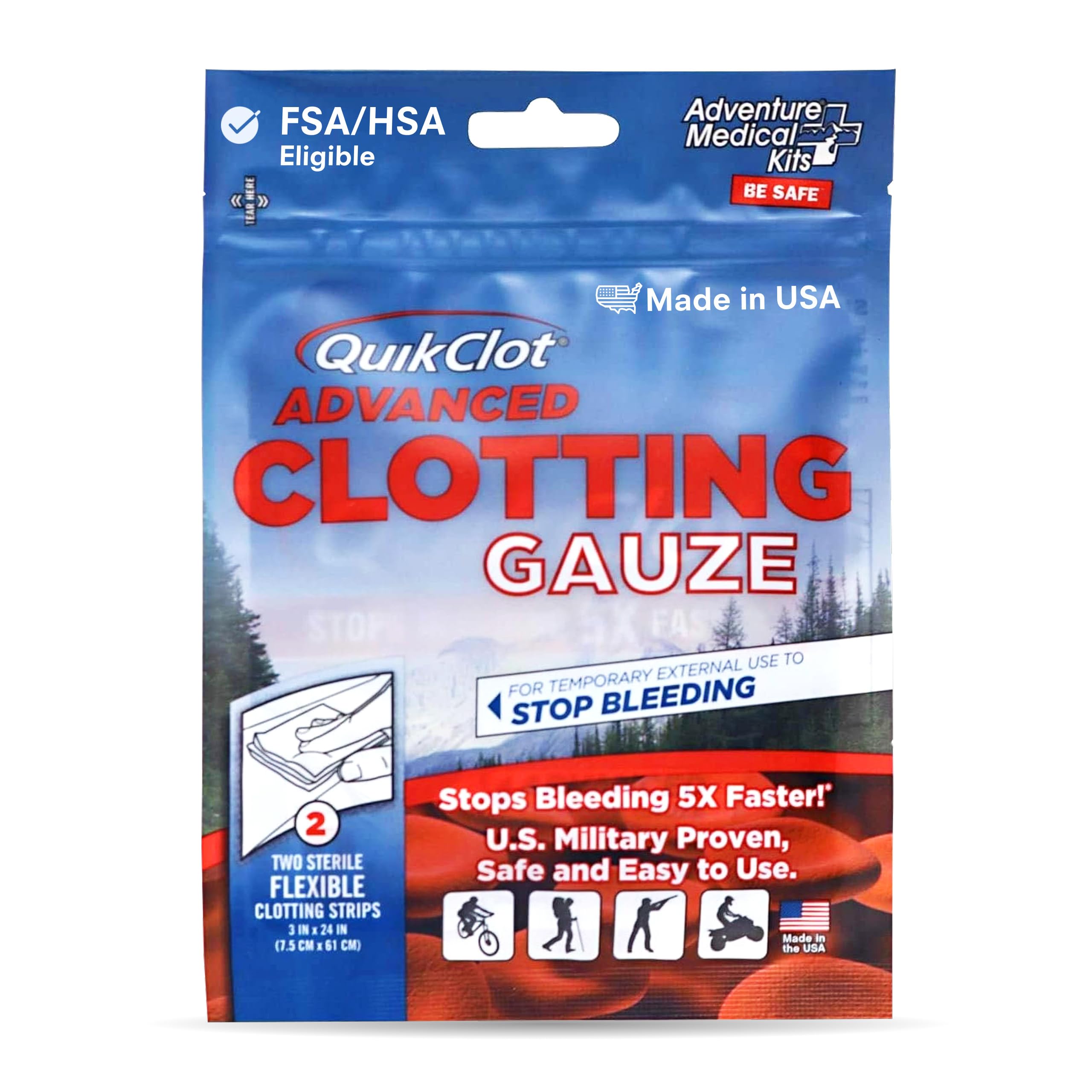 Adventure Medical Kits QuikClot gauze close-up, kaolin-infused dressing for faster bleeding control.