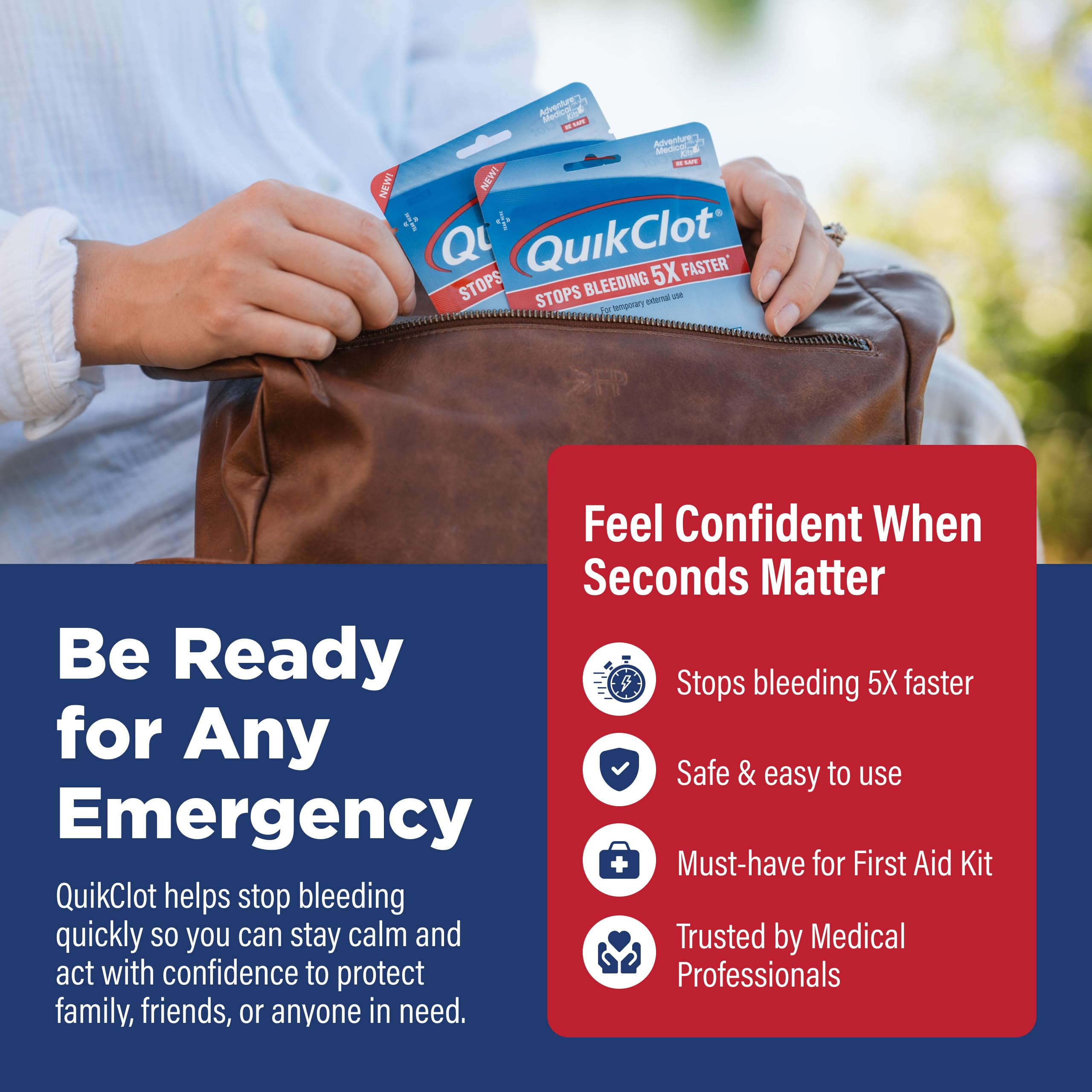 QuikClot gauze in sealed pack shows field-ready readiness.