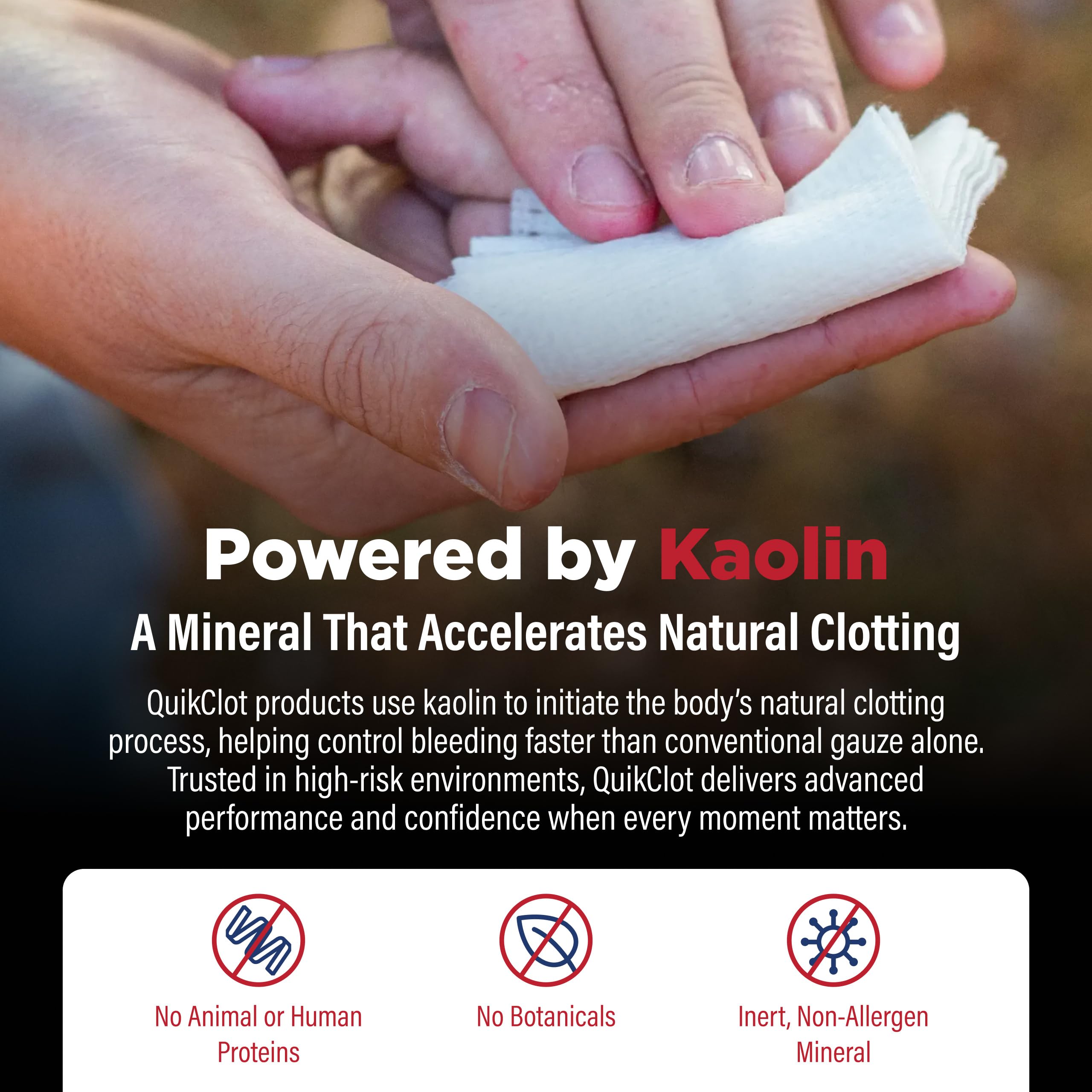 QuikClot gauze in travel kit for on-the-go trauma care.