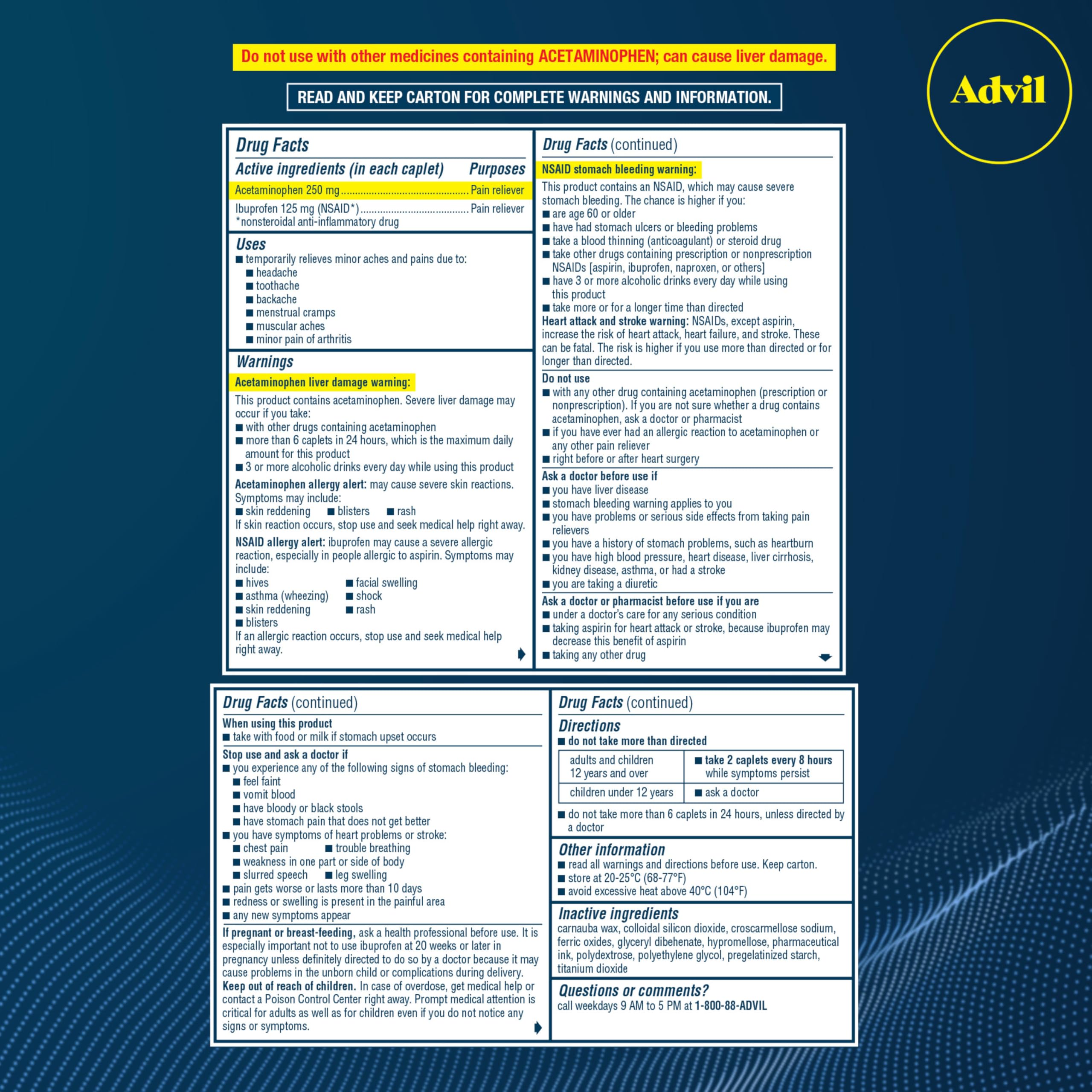 Advil 8-hour relief duration infographic with at-a-glance info