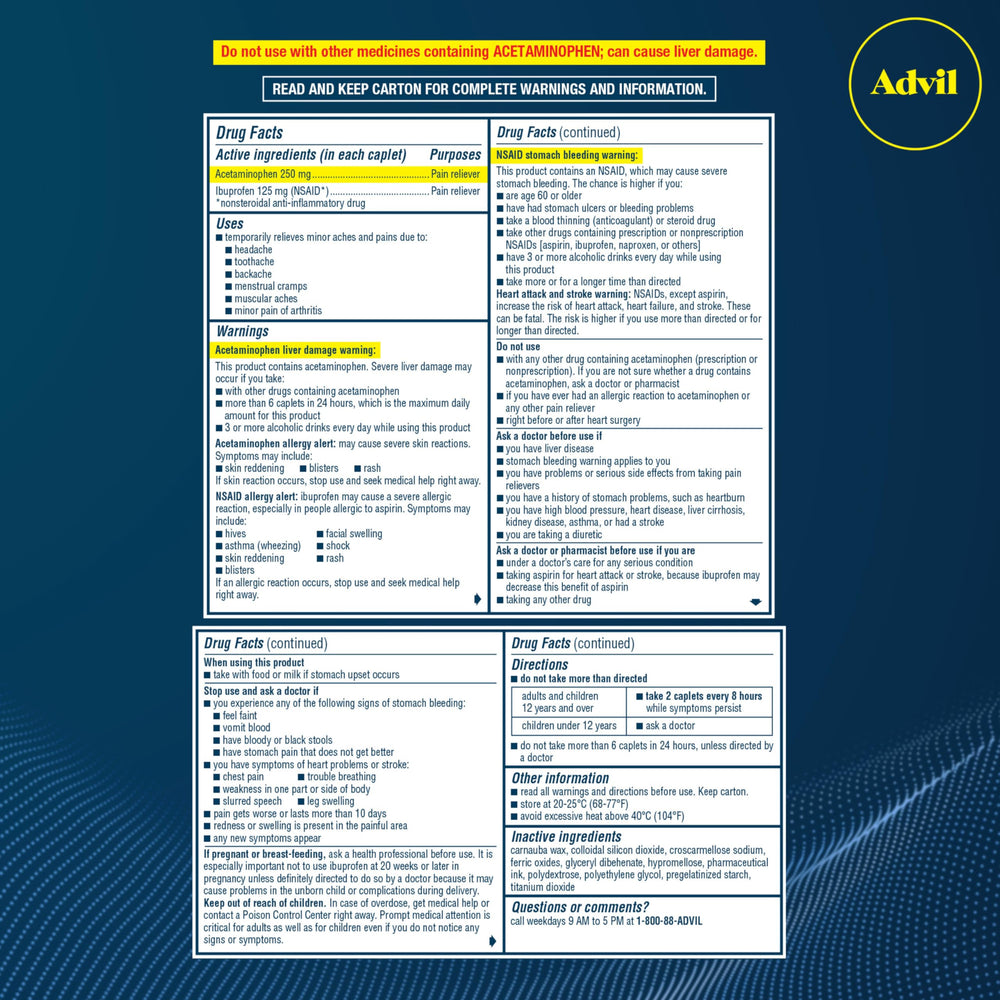 Advil 8-hour relief duration infographic with at-a-glance info