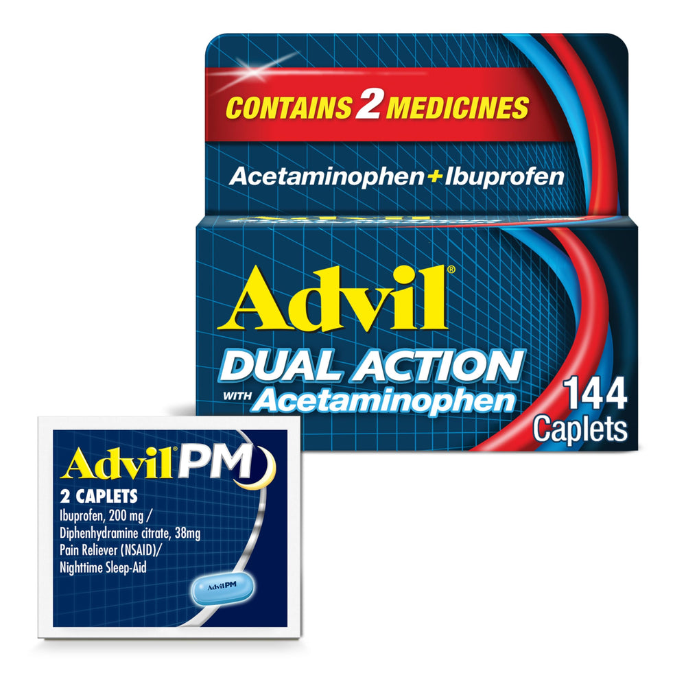 Advil Dual Action bottle caplets for versatile all-day pain relief