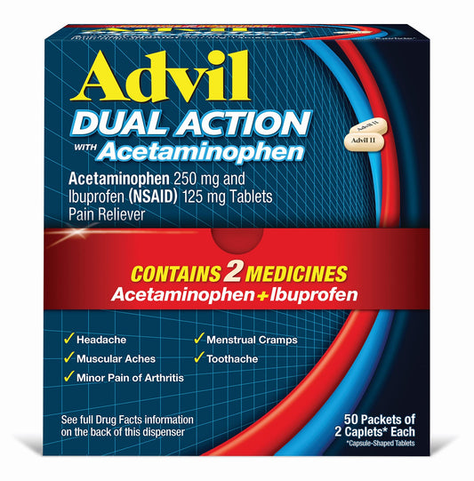 Advil Dual Action bottle and caplets ready for quick relief from everyday aches.