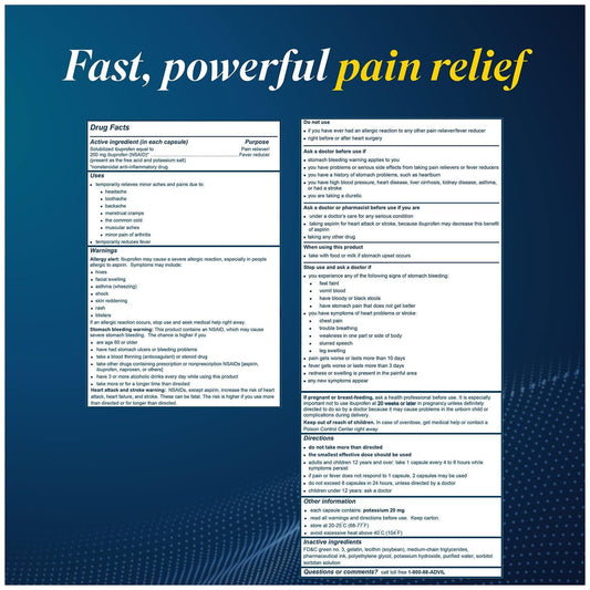Advil Liqui-Gels 2-pack image shows quick-acting pain relief for back and muscle aches.
