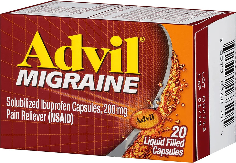 Close-up of Advil Migraine capsules showing smooth liquid-filled texture and swallow-friendly design.