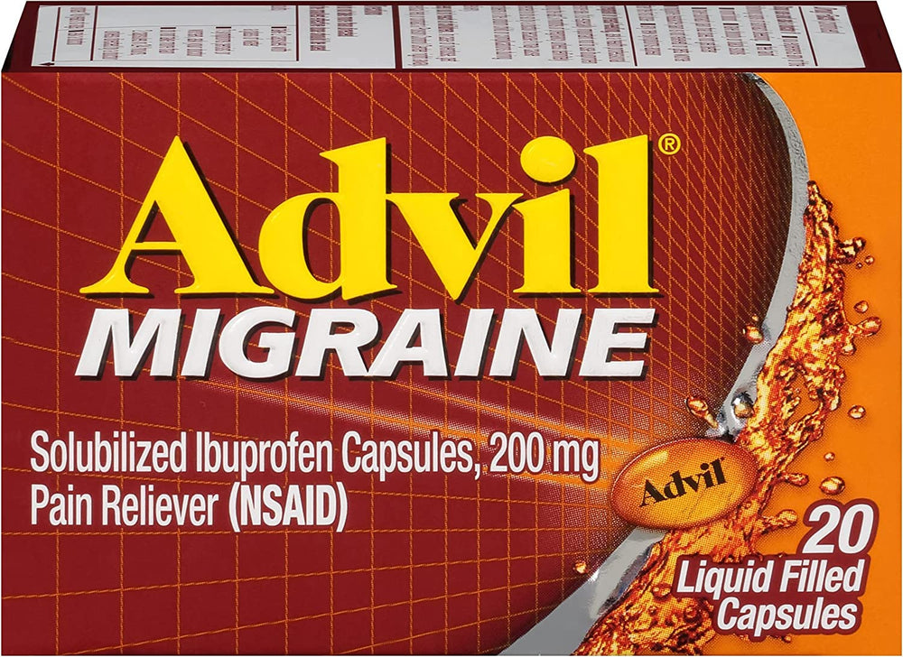 Advil Migraine liquid-filled bottle front with visible label for easy recognition.