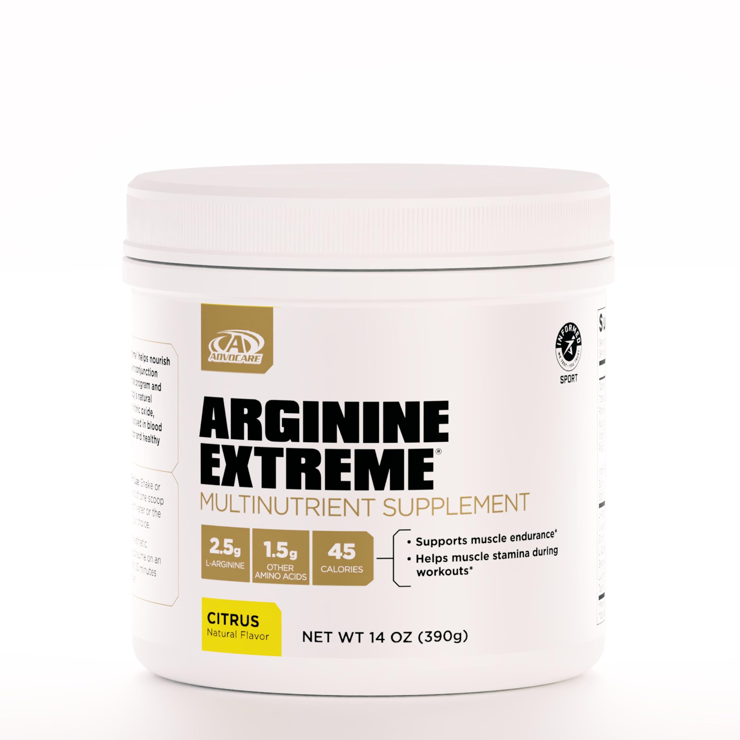 AdvoCare Arginine Extreme tub displayed to highlight a premium pre-workout formula for stamina.