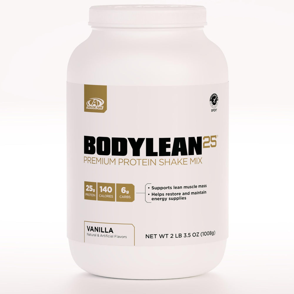 AdvoCare BodyLean25 bottle on a counter, signaling lean-body nutrition.