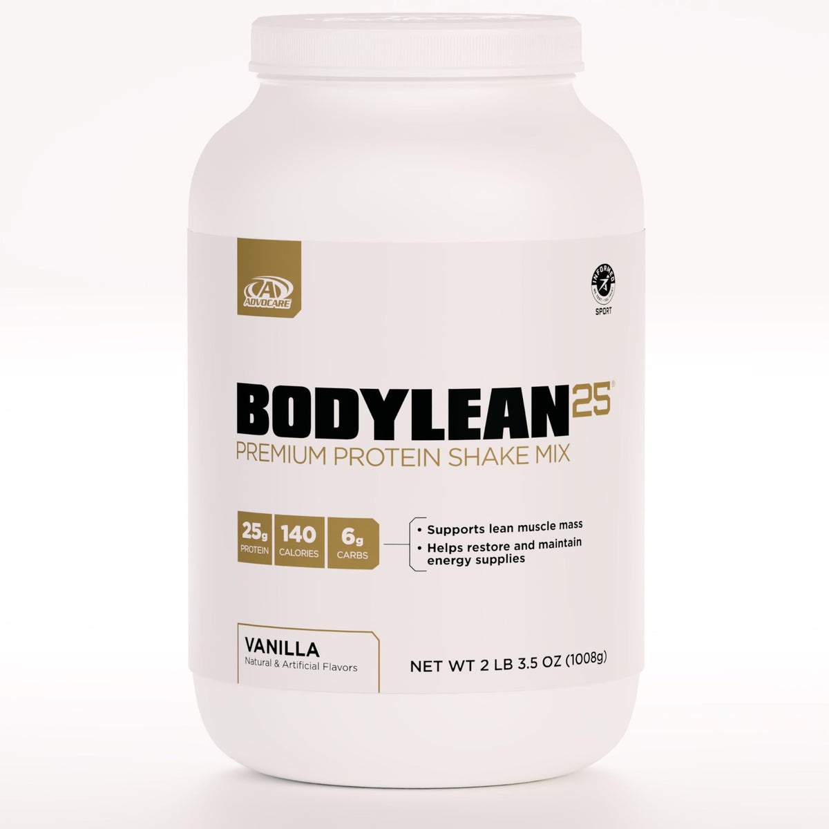 AdvoCare BodyLean25 bottle on a counter, signaling lean-body nutrition.