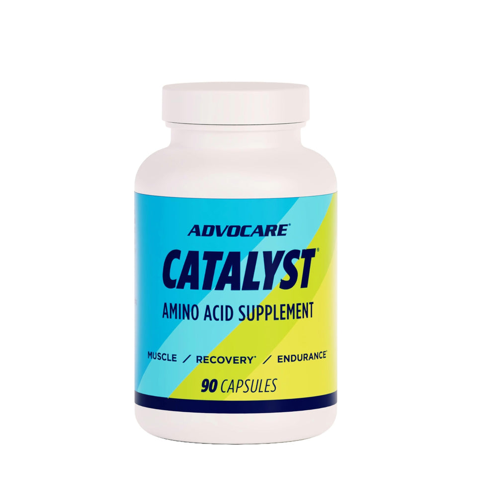 AdvoCare Catalyst bottle on a gym bench suggesting daily muscle support for workouts