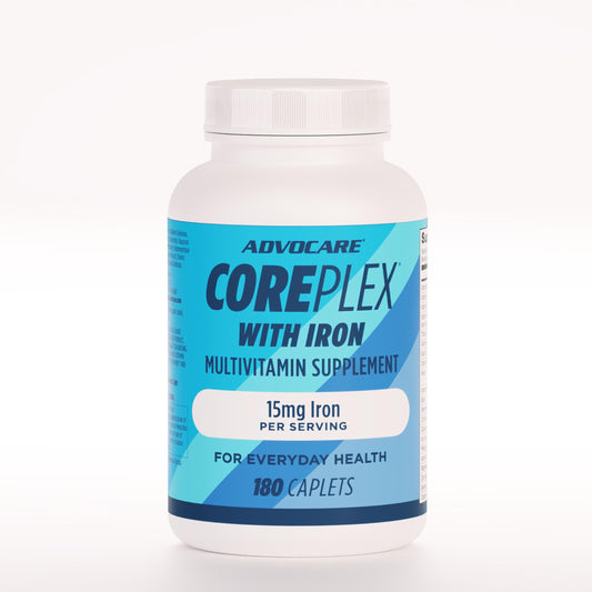 AdvoCare CorePlex with Iron bottle showing iron-rich multivitamin for daily wellness.