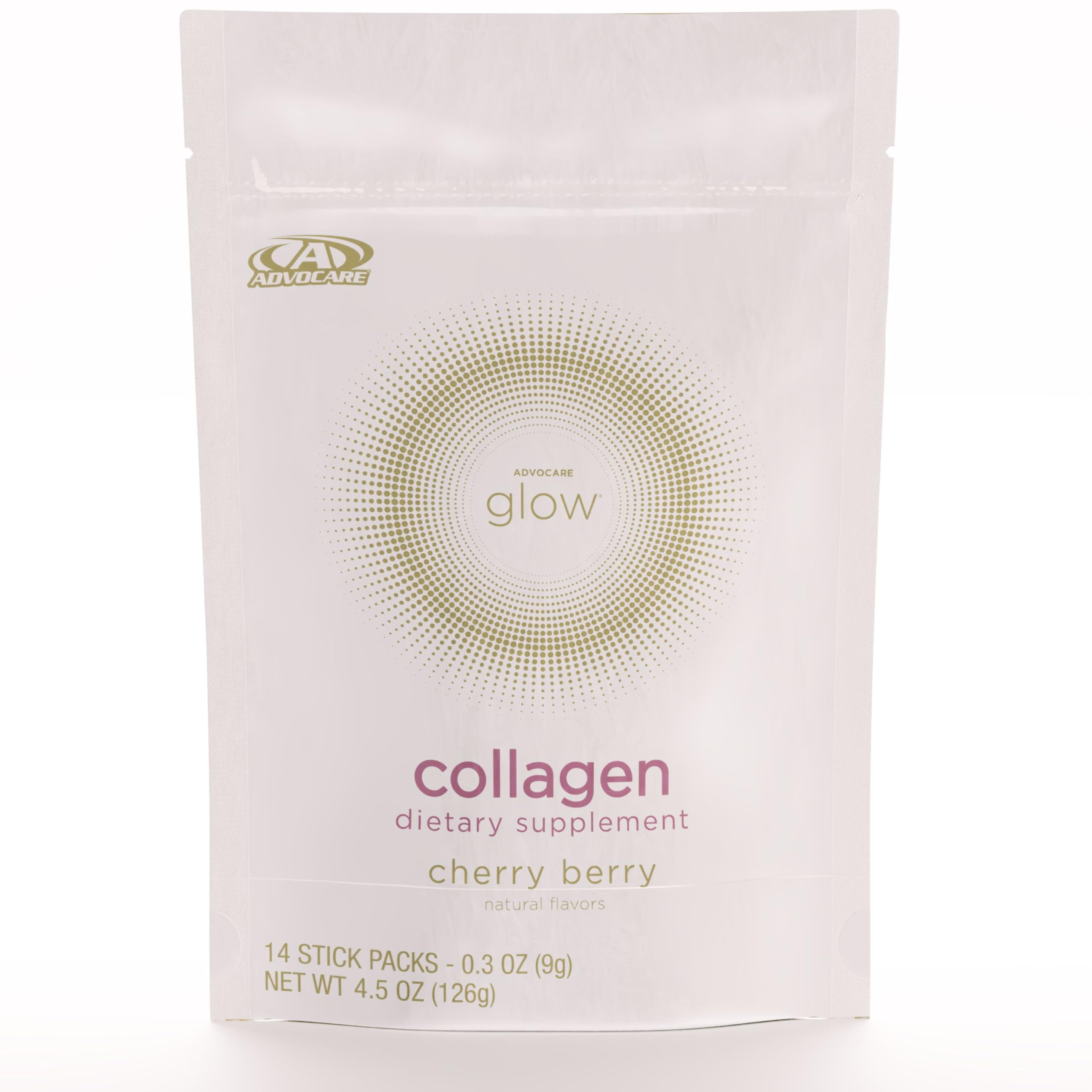AdvoCare Glow Collagen bottle highlighting marine collagen for skin, hair, and nails