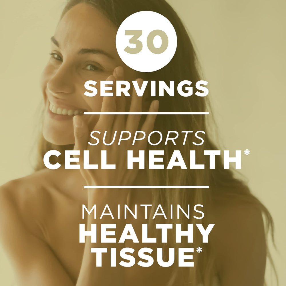 Softgel pour shot implies easy daily use with meals for skin support.