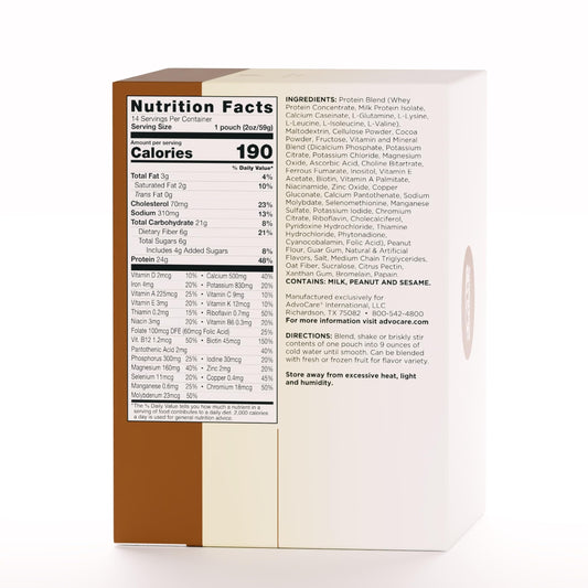 AdvoCare shake in a glass highlights chocolate peanut butter flavor for a quick protein boost.