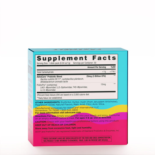 AdvoCare Probiotic FastMelt berry sachet close-up highlighting on-the-go consumption