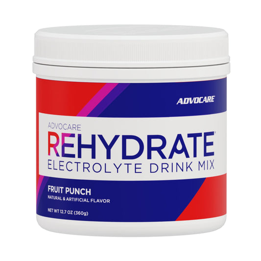 AdvoCare Rehydrate bottle label highlights electrolytes for balanced cellular hydration.
