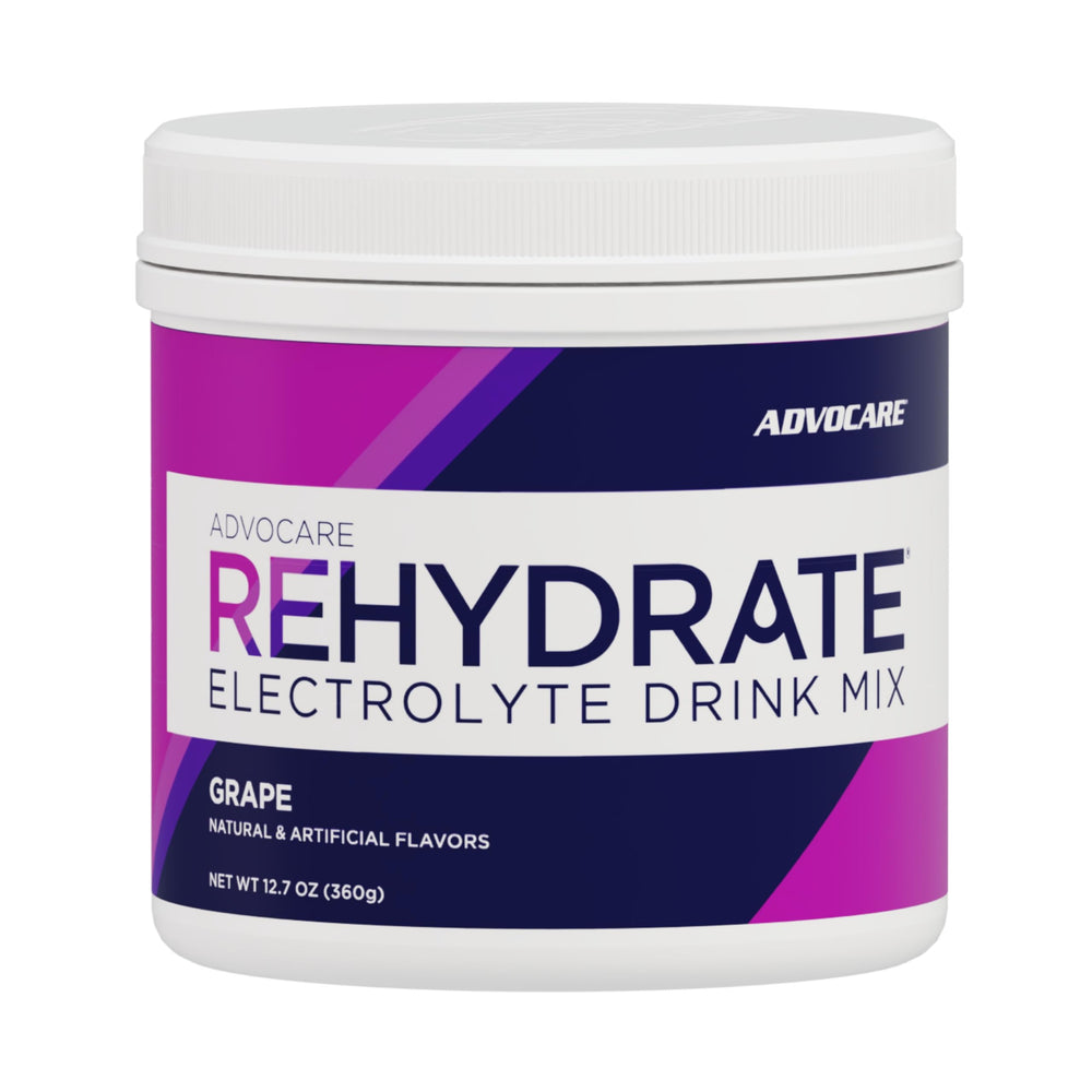 AdvoCare Rehydrate grape package showing convenient electrolyte mix for daily hydration