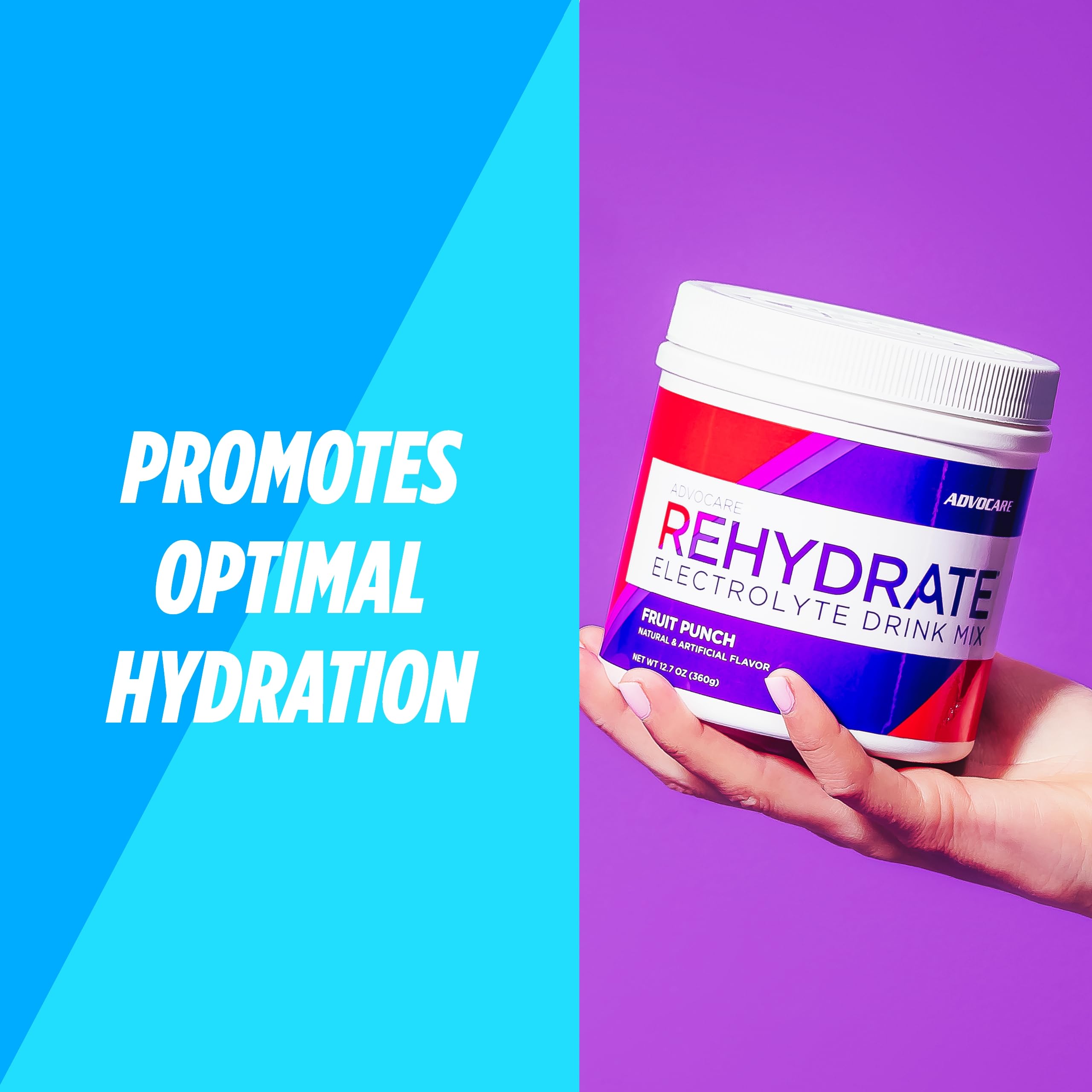 AdvoCare Rehydrate powder dissolves in water forming a bright Fruit Punch beverage.