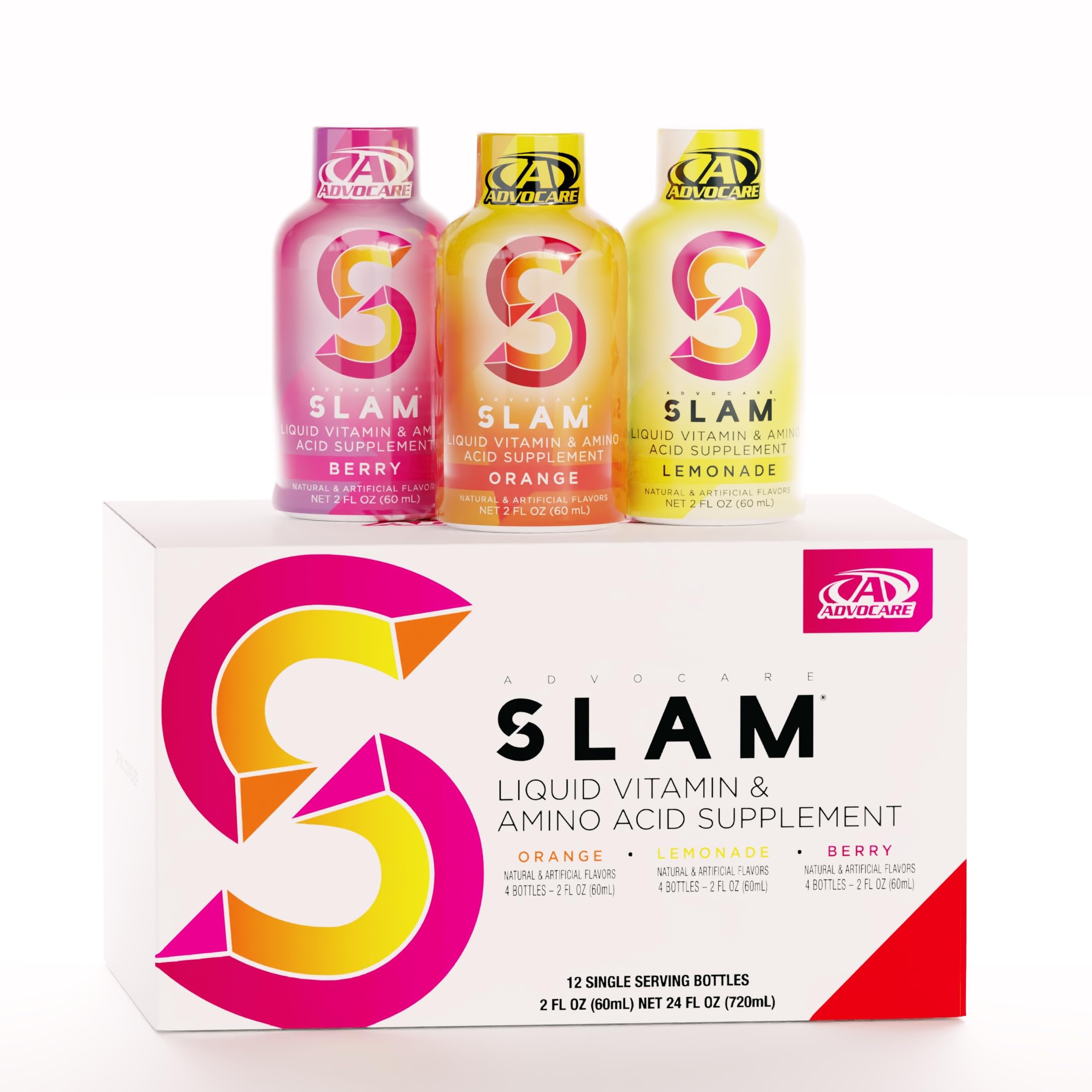 AdvoCare Slam orange 2oz bottle on a desk, offering a sugar-free energy boost for busy mornings.