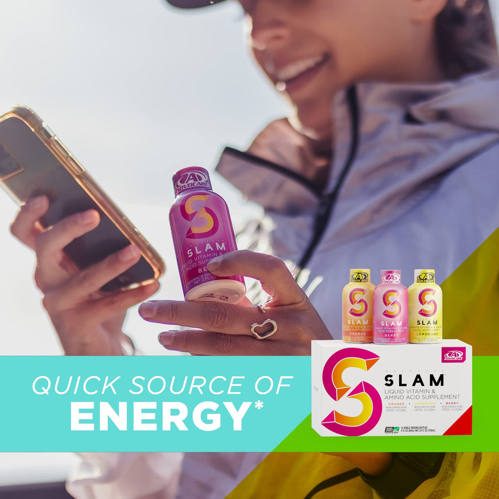 AdvoCare Slam variety-pack box, includes Orange, Berry, Lemonade flavors.