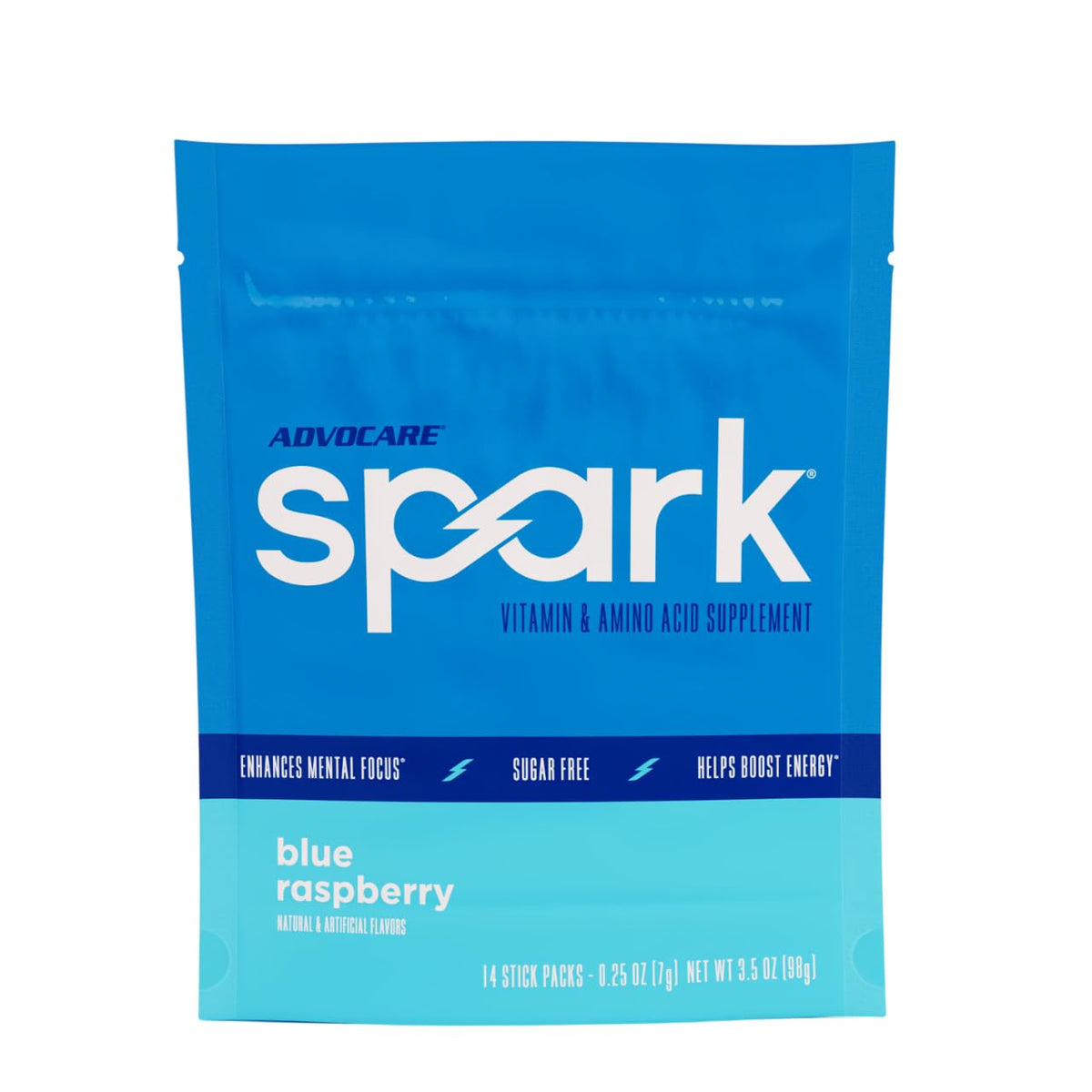 AdvoCare Spark blue raspberry stick-pack powering a refreshing energy lift