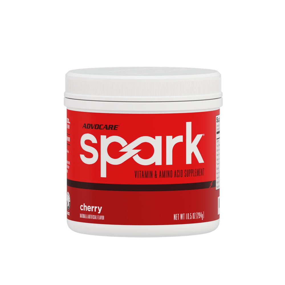 AdvoCare Spark cherry powder tub; steady energy for busy days.