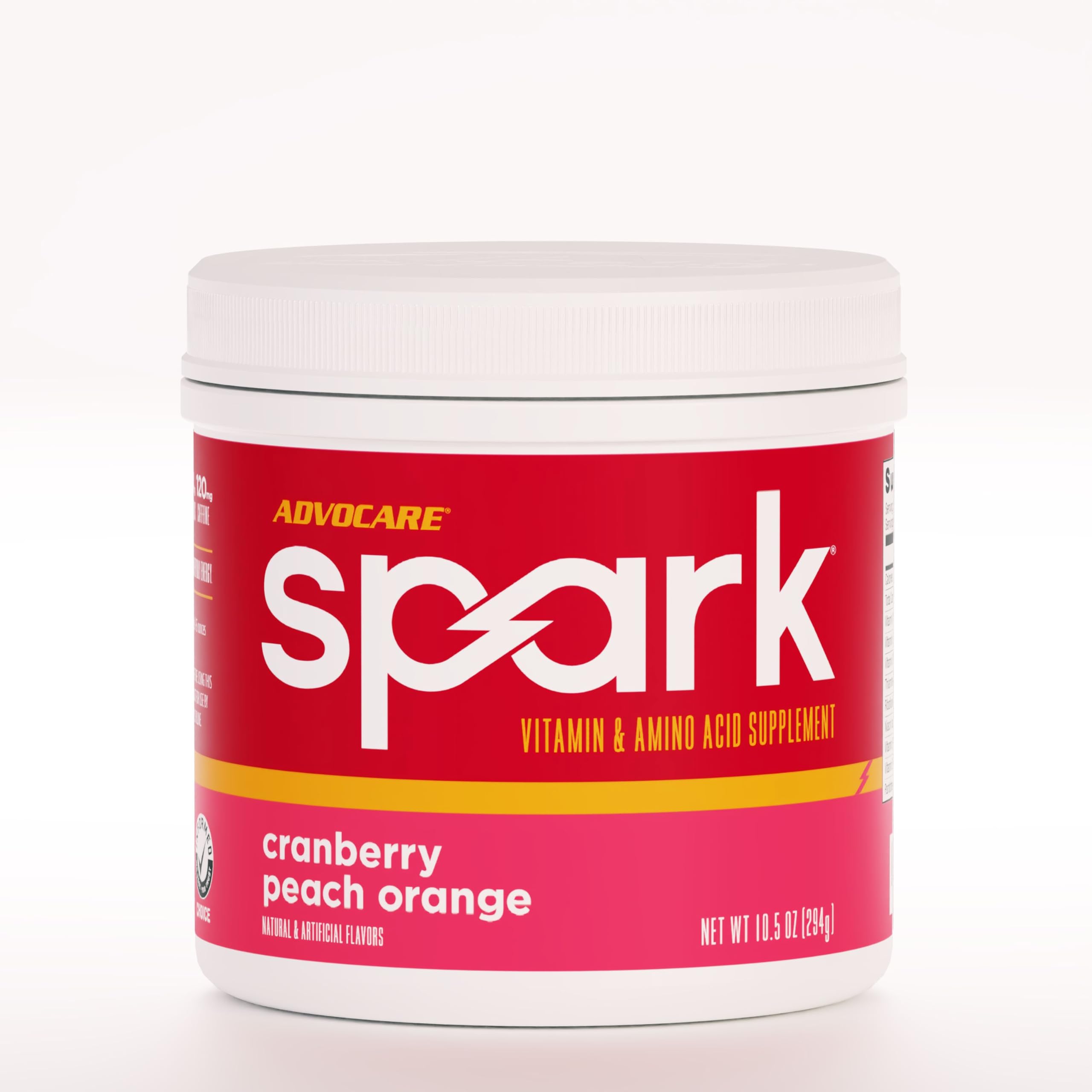 AdvoCare Spark cranberry-peach-orange tub for on-the-go energy and focus.