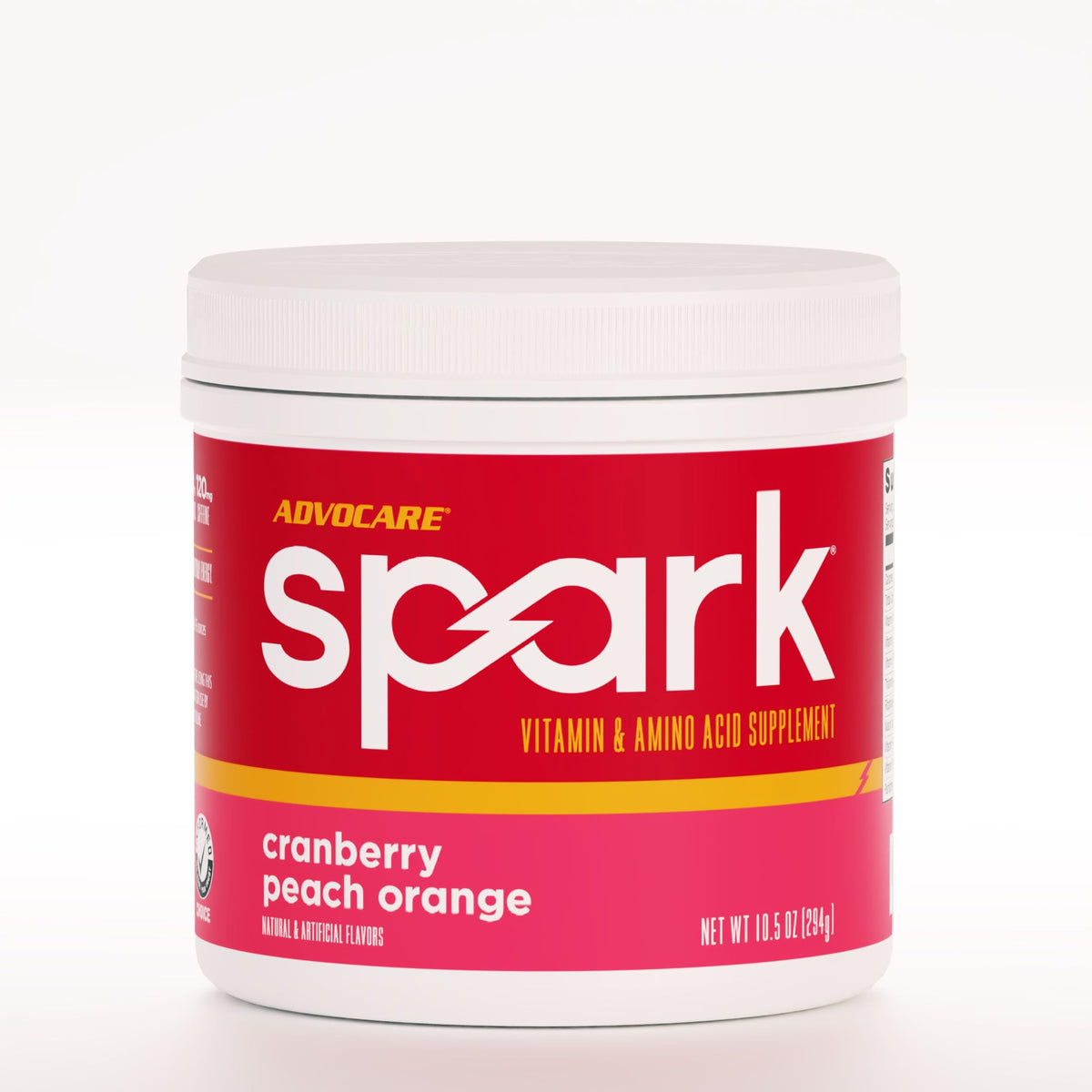 AdvoCare Spark cranberry-peach-orange tub for on-the-go energy and focus.