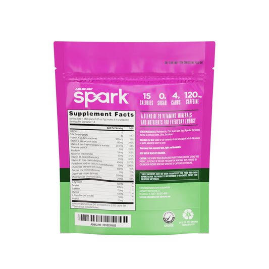 AdvoCare Spark Energy with 120 mg caffeine supports smooth focus.