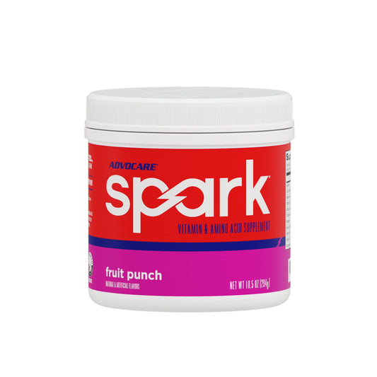 AdvoCare Spark fruit punch tub front view for sugar-free energy and focus benefits.