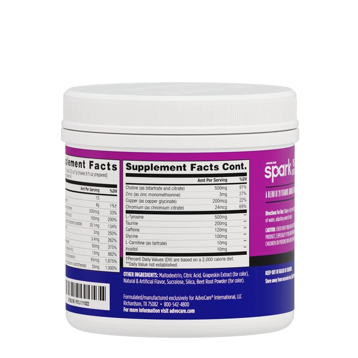 AdvoCare Spark grape powder dispense showing convenient on-the-go energy