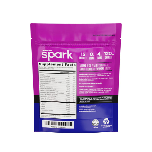 AdvoCare Spark grape stick close-up highlighting caffeine and vitamin blend.