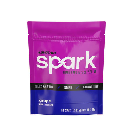 AdvoCare Spark grape stick pack front view showing sugar-free energy on the go.