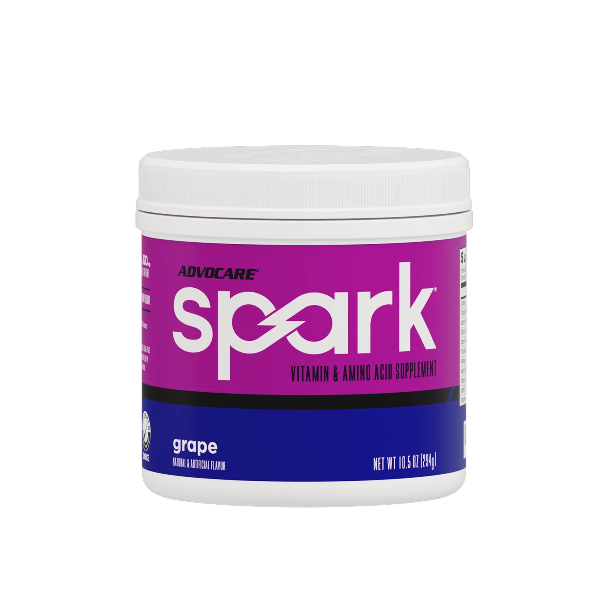 AdvoCare Spark grape tub front highlighting sugar-free energy and vitamin C