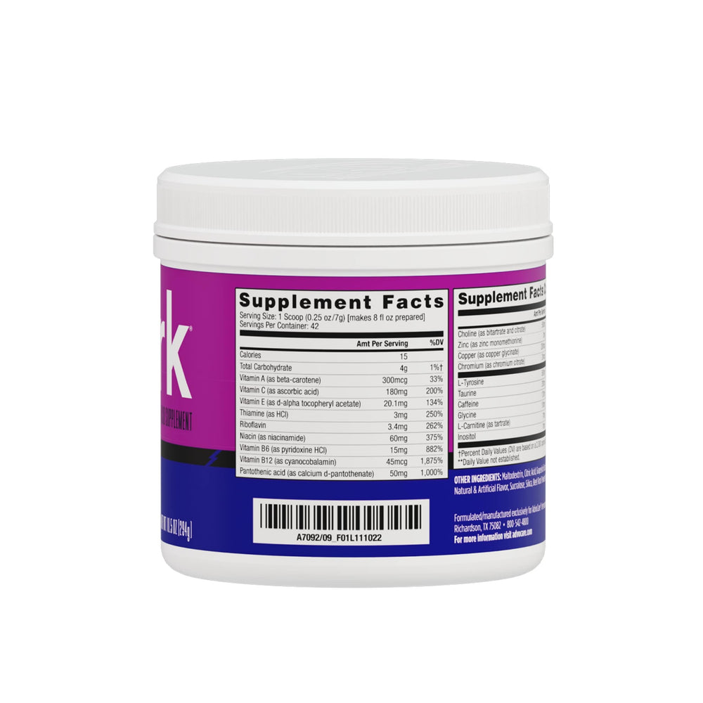 AdvoCare Spark grape tub label close-up emphasizing caffeine-powered focus