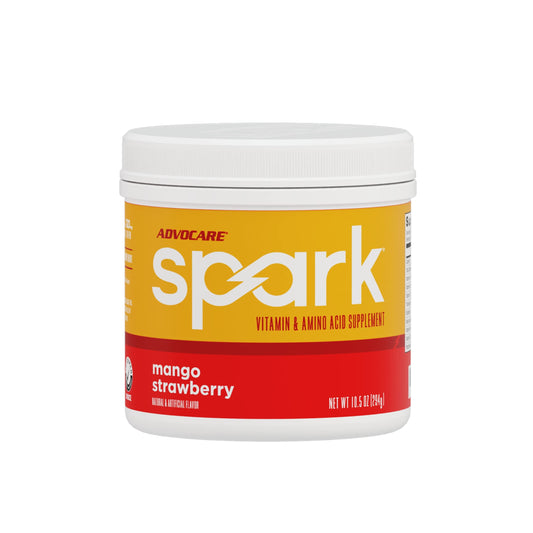 AdvoCare Spark mango strawberry tub ready-to-mix energy powder for focused sessions.